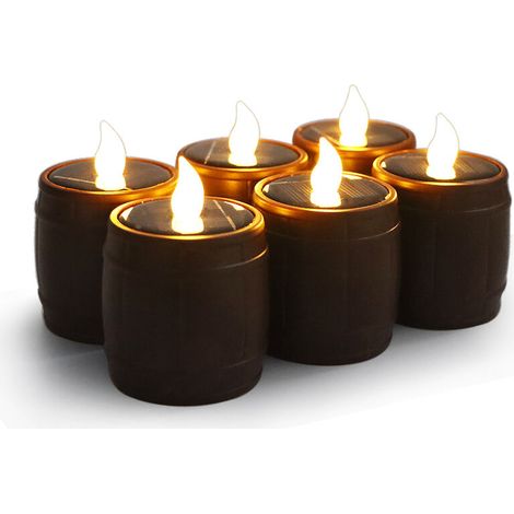 BRAVIX Paquet de 6 Bougies à Capteur Solaire en Forme de Baril de Vin LumièRe de Thé Blanc Chaud Scintillement LED Lampe de Nuit éVéNement FêTe de Mariage DéCore-brun