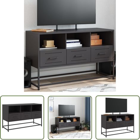 The Living Store Meuble TV noir 100,5x39x60,5 cm acier - Meubles Tv - Meuble Tv Industriel - Meuble Tv Noir - Étagère Téléviseur - Rangement Tv (1/5)