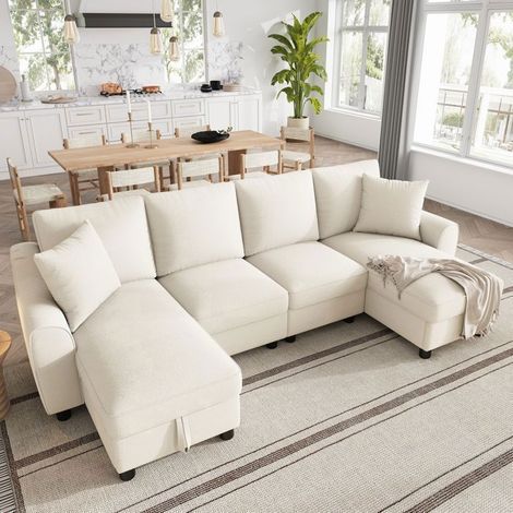 Canapé Modulable 300x137x90cm Beige Forme U avec 2 Coffres de Rangement - Canapé d'angle - 5 Places Tissu Doux Confortable Salon (1/5)