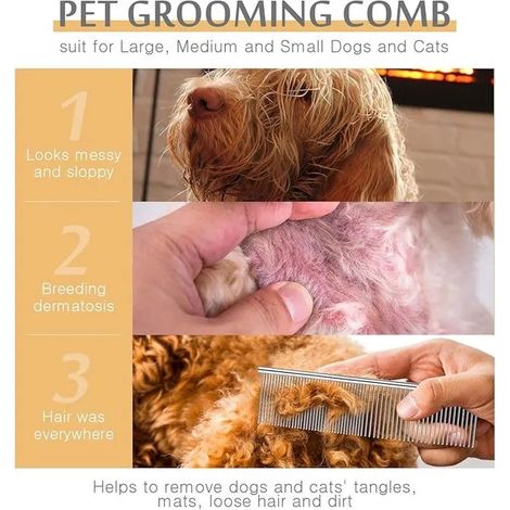 Peine de acero inoxidable para mascotas - Aseo para perros y gatos - Ideal para 19x5 cm (Paquete de 1 CEPILLO MANUAL - 3