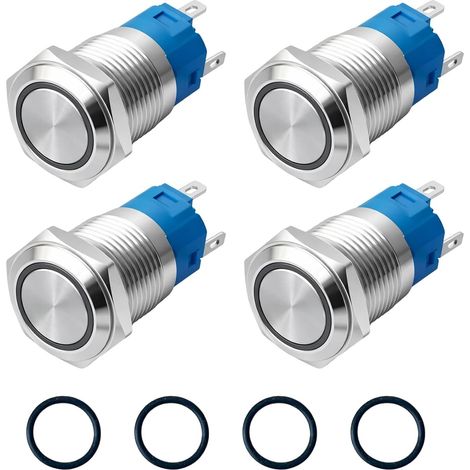 4 Boutons Poussoir Étanches 16mm 12V à 24V 3A, Auto-bloquant, En Métal, Interrupteur Marche/Arrêt avec Voyant LED IP66-1NO 1NC Bouton Poussoir Momentané pour Bateau, Camion, Voiture (1/5)