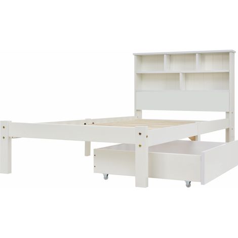 Einzelbett 90x200 cm aus Holz und MDF, Weiß, mit Schublade und Regalen – MEUBLIV (1/5)