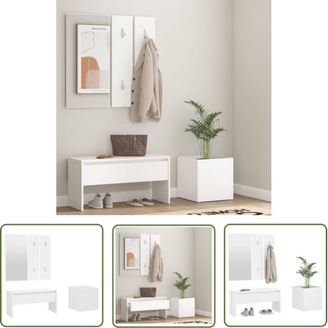 The Living Store Garderoben-Set Weiß Holzwerkstoff - Flurbank - Garderobe - Spiegelschrank - Möbel - Wohnzimmerdeko (1/5)
