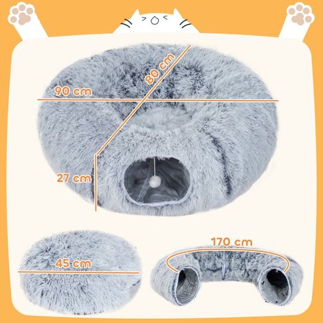 Grotte pour chat en tissu peluche gris clair, tunnel pliable avec structure métallique, coussin douillet intégré, repaire confortable pour félin, lit portable et démontable (1/5)