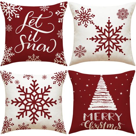 Lot de 4 housses de coussin 45x45cm motif flocon neige lin rustique fermeture éclair invisible décoration salon Noël (1/5)