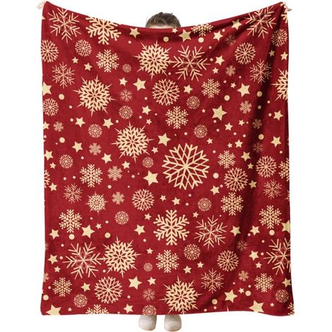 Plaid Couverture en Flanelle Noël avec Imprimé Flocon de Neige Hiver Super Doux et Chaud Jeté de Canapé Couverture Lit 1 Personne, Convient à Toutes Les Saisons (153x127cm,Or Rouge) (1/5)