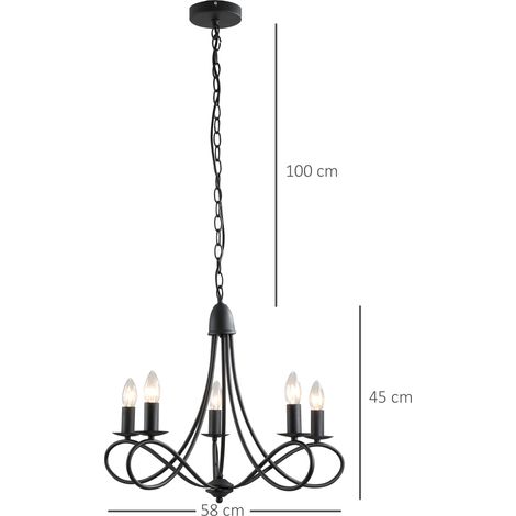 Lustre de style rustique, en acier tressé noir, avec 5 supports de bougies réglables et pliables, 58 cm de diamètre x 45 cm de hauteur. (1/5)