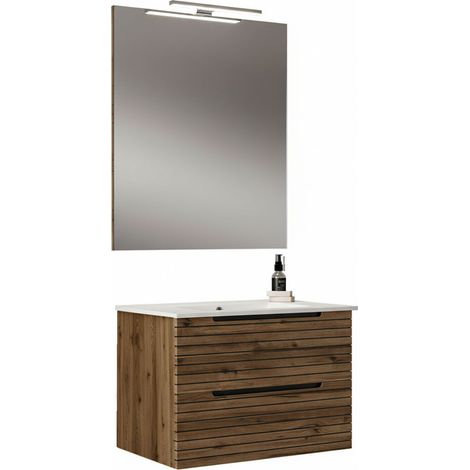 Kibath Mueble de baño con Lavabo, Espejo y Aplique LED KEN 60x45 cm acabado Desierto mate 2 cajones suspendido