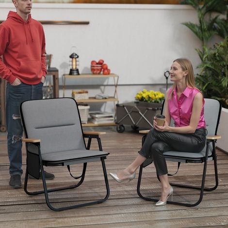 Lot de 2 chaises pliantes grises en tissu Oxford avec coussin amovible, dossier inclinable et poche pour camping, pêche et jardin (1/5)