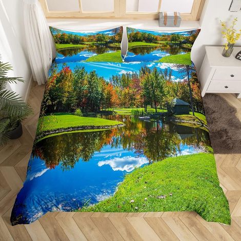 Nature Style Housse de Couette Arbre Rivière Herbe Parure de Lit 200x200cm Amoureux de Paysages Naturels Ensembles de Housse de Couette pour Enfants Chambre Décor avec 2 Taie d'oreiller - 200x200cm (1/5)