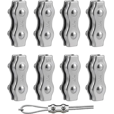 Serre Câble Inox M4, Lot de 8 Clips Duplex en Acier Inoxydable 304, Pince Serre Câble pour Câble Acier, Fixation de Corde Métallique, Tendeur pour Auvent, Clôture, Corde à Linge, Construction (1/5)