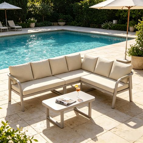 Ensemble de salon de jardin 6 places,canapé d'angle modulable,canapé de jardin extérieur avec dossiers tressés et table basse,in acier galvanisé,beige