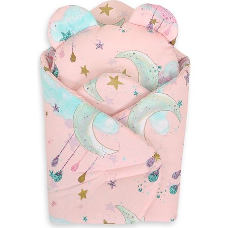 Manta para muñeca con almohada de osito de peluche - Lunas rosas (1/4)