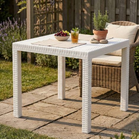 Table d'extérieur, Etagère carrée Fixe, Table de Jardin Polyvalente effet rotin, 80x80h74 cm, Blanc (1/5)