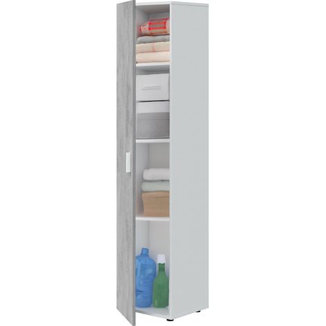 Dmora Mehrzweck-Kabinett Reno, Beistellschrank mit 1 Tür und 3 Einlegeböden, Moderne Garderobe, Hoher Säulenschrank, cm 41x37h182, Zement und Weiß