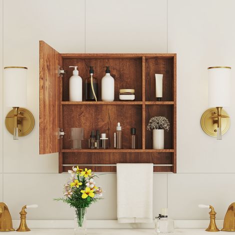 Meuble de salle de bain en MDF teck, miroir et étagères ouvertes – Armoire murale avec glace, rangement pratique pour salle d'eau, bois noyer, 3 pièces (1/5)