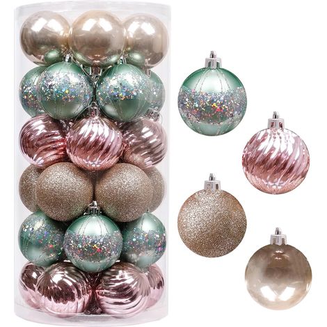 30pcs 6cm Boules de Noël, Palais Vert Menthe et Or Rose Incassable Ornements de Boule de Noël Décoration pour Décor d'arbre de Noël (1/5)