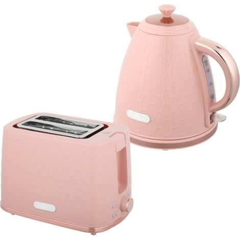 1.7L 3000W Fast Boil Kettle and 2 Slice Toaster Set in Light Pink,featuring Auto Shut Off and Browning Controls for perfect toast.