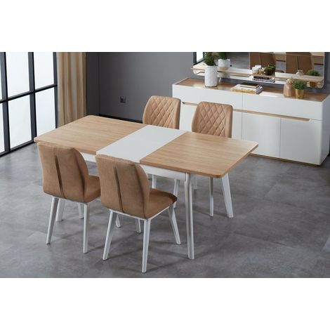 Comedor completo LYRE con 4 sillas madera y blanco