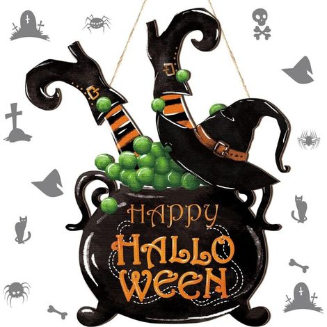 Panneau d’Accueil Halloween avec Couronne de Citrouilles et Crânes en Bois Rustique pour Décoration Extérieure ou Voiture (1/4)