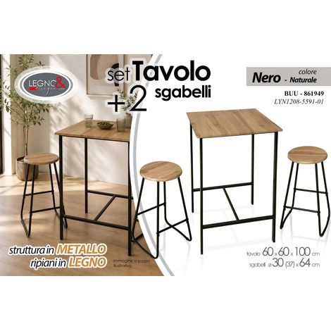 Set aus Tisch und 2 Hockern in Naturholz, 60x60x100 cm, Ø30x64 cm