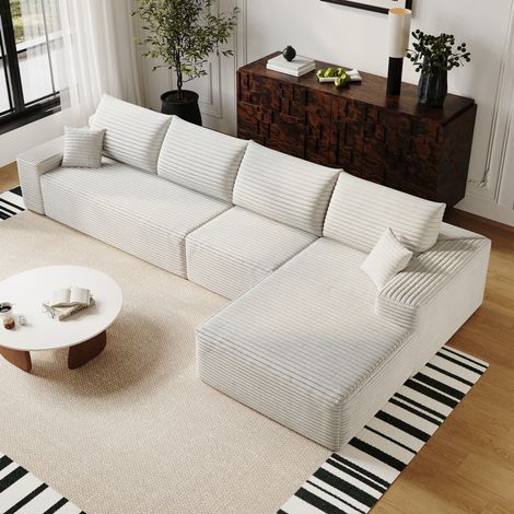 Canapé d'angle modulable 340x175x83 cm en tissu côtelé blanc, gain de place pour salon FloraGrace (1/5)