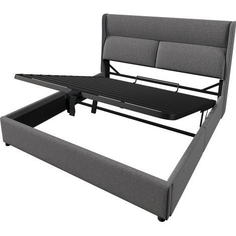 Cama con arcón doble 140 x 200 cm gris de lino con cabecero regulable y somier metálico (1/5)