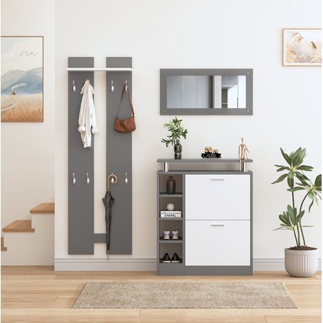 Mueble zapatero de entrada 80 x 25 x 96,5 cm con espejo y 2 paneles murales HAVRYA (1/5)
