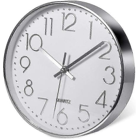 Horloge murale silencieuse de 25 cm, argentée, au style contemporain, idéale pour le bureau, la cuisine et la maison. (1/5)