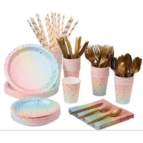 200 pièces vaisselle jetable, arc-en-ciel rose, 25 invités, assiettes et couverts pour fête d'anniversaire, mariage et pique-nique