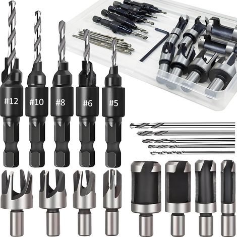 Coupe-Bouchons de Bois Jeu de Forets à Chanfreiner (5, 6, 8, 10, 12) Forets pour Travail du Bois Carbone Plug en Trou Cutter 1/4 Inch Hex Shank pour le travail du bois Kit d'accessoires (1/5)