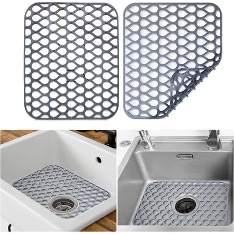 Lot de 2 tapis de protection d'évier de cuisine en silicone antidérapant (gris) Tapis de séchage pliable résistant à la chaleur pour évier en acier inoxydable de ferme (1/5)