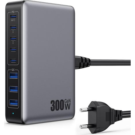 300W Chargeur USB C avec 8 Ports GaN Ⅳ Tech, 100W Chargeur Rapide PD QC Prise USB C Multiple Station de Charge Compatible avec MacBook Pro/Air Laptop, iPhone, iPad Pro, Galaxy, SteamDeck-Noir (1/5)