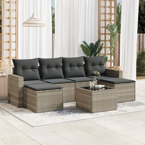 Salon de Jardin 7 Places Gris Clair Ensemble Modulaire Résine Tressée avec Coussins Lavables, Verre Trempé et Rangement - Table, Chaises et Poufs Inclus (1/3)