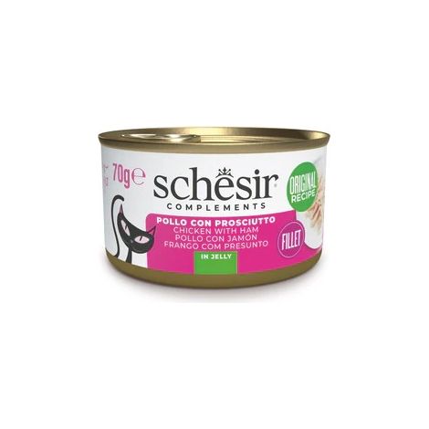 Schesir Filetes de Pollo con Jamon en Gelatina - Comida Humeda Complementaria para Gatos - 70 g