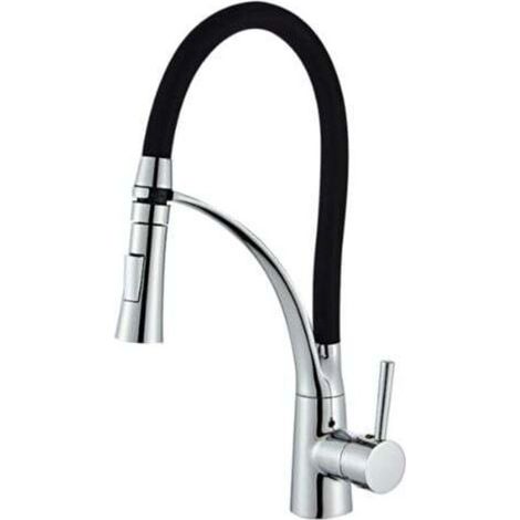 Robinet de Cuisine, Flexible Bec Pivotant à 360° et Tuyau en Silicone Noir Mitigeur Cuisine, avec Douchette Extractible et Pulvérisateur Double Fonction, Froid & Chaud Disponible, Laiton Chro (1/4)
