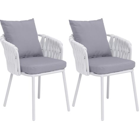 [NON UTILIZZATO] Set 2 sedie da sala pranzo alluminio HHG-190, poltrona interno, stoffa/tessuto (180g/m²) intreccio in corda, grigio