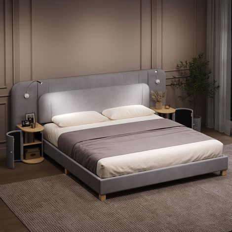Cama 180/200 cm gris de pana con mesitas integradas e iluminación LED (1/5)