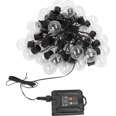 Guirlande lumineuse extérieure à LED blanches, 10 m (32,8 pi), étanche, rechargeable par énergie solaire et USB, avec 40 ampoules G50 et coque transparente. Longueur : 10 m (32,8 pi). (1/5)