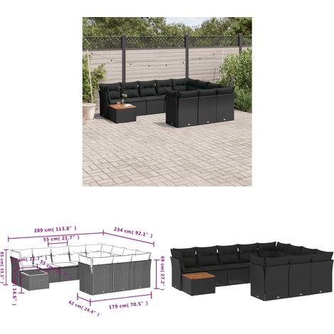 11-tlg. Garten-Sofagarnitur mit Kissen Schwarz Poly Rattan - Gartensortiment - Outdoor Möbel - Gartenlounge - Lounge Set - Esstischset - Home & Living (1/3)