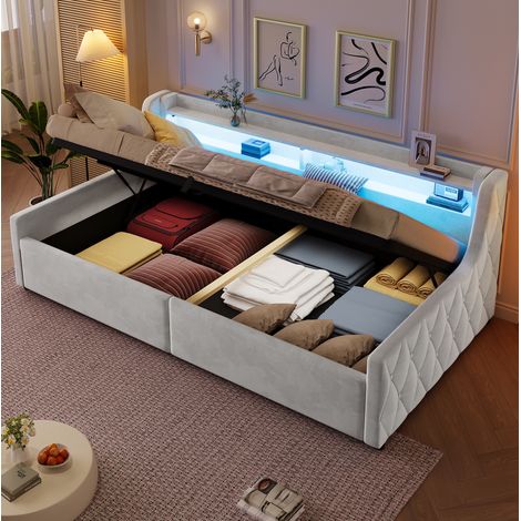 Lit plateforme 90x200 cm en velours beige avec rangement hydraulique et LED (1/5)