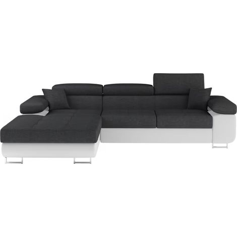 Canapé d'angle convertible appuis-tête réglables KALIZO - Coffre et pieds acier chromé angle gauche-Blanc/Gris foncé-angle gauche (1/5)