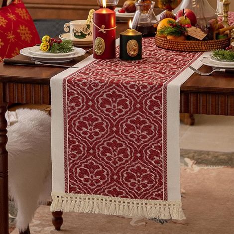 Chemin de Table de Noël, Nappe Noël Chemin de Table, Décoration de Table Festif, Rouge Imperméable avec Franges à Pompons pour Décoration de Cuisine, Salle à Manger, Maison, Fête (1/5)