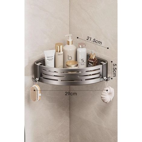 (1 pièce grise - comme illustré) Étagère d'angle de salle de bain sans perçage, étagère de douche murale en aluminium avec crochets pour porte-serviettes (1/5)