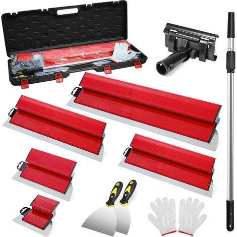 Spatule Enduit Lissage Set, 5 Outils de Spatule (15cm, 25cm, 40cm, 60cm, 80cm) pour les cloisons sèches,à main tige télescopique 85 à 130 cm，2 grattoirs à main et Avec boîte (1/5)