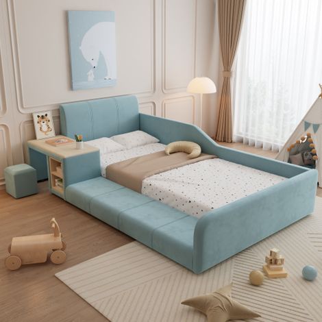 Letto imbottito, letto singolo con scrivania e sgabello per bambini, con ripiano contenitore, testiera morbida, letto per bambini con doghe in legno, velluto, blu, 90x200 cm (1/5)