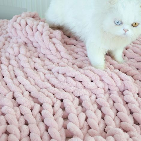 Couverture en Tricot Chenille épaisse Faite à la Main - Chaude et Confortable - pour canapé, lit, décoration d'intérieur - Couverture Polaire Douce et Respirante - pour Noël - Rose Clair (1/5)