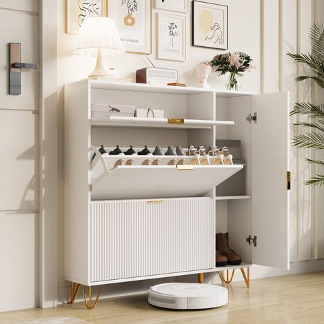 Scarpiera salvaspazio a 3 ripiani da 110 cm con ante portaoggetti, cerniere di sicurezza e maniglie dorate, adatta per mobili da ingresso - bianco (1/5)