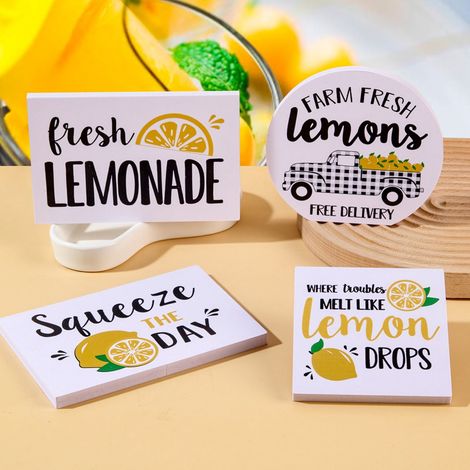 Ornement En Bois Citron - Décoration Murale Et Sur Bureau - Motif Citron Jaune Avec Texte Inspirant - Lot De 6 Pièces (1/5)