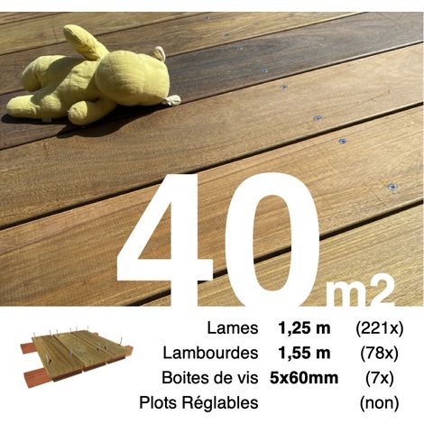 Kit terrasse bois exotique IPE pour 40 m² • Lames 1,25 m, lambourdes 1,55 m et visserie Inox • Livraison gratuite (1/4)